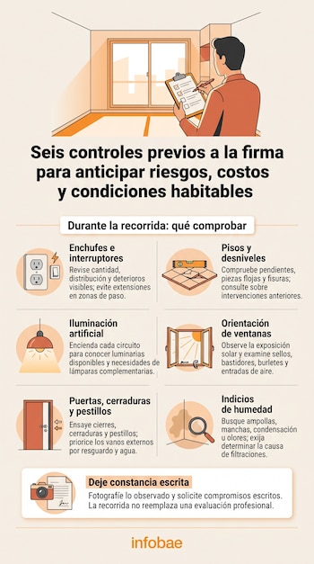 Infografía con una persona que escribe en una libreta y seis iconos ilustrativos sobre enchufes, pisos, iluminación, ventanas, puertas y humedad.