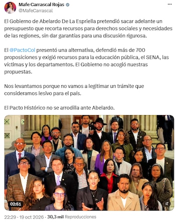 El Pacto Histórico criticó partidas para regiones, educación y subsidios de energía - crédito @MafeCarrascal/X