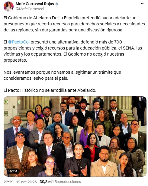 El Pacto Histórico criticó partidas para regiones, educación y subsidios de energía - crédito @MafeCarrascal/X