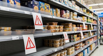 Estantería de supermercado con estantes grises. Algunos estantes están vacíos. Hay recipientes de comida preparada y varias señales de advertencia rojas.