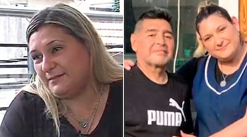 Composición de dos imágenes: a la izquierda, una mujer rubia sonriendo; a la derecha, la misma mujer junto a un hombre con camiseta Puma, ambos sonriendo.