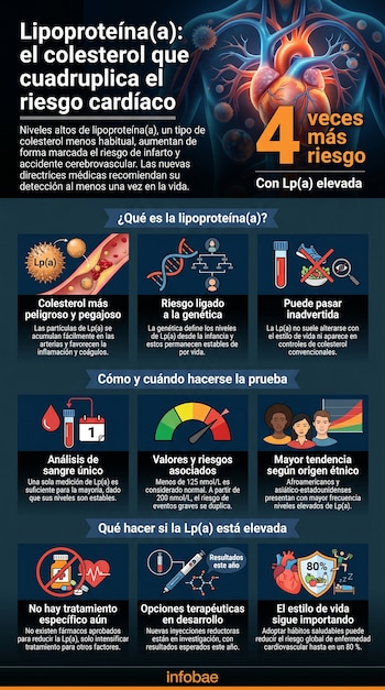 Infografía sobre la lipoproteína(a) con un cuerpo humano mostrando el corazón y vasos, gráficos e iconos de salud cardiovascular en un fondo azul oscuro.