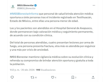 IMSS Bienestar balacera Teotihuacán heridos - 20 abril 2026