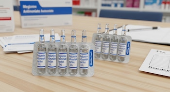 Ampollas de antimoniato de meglumina, cajas de medicamentos, prospectos, portapapeles con bolígrafo y una receta médica en una mesa de madera.