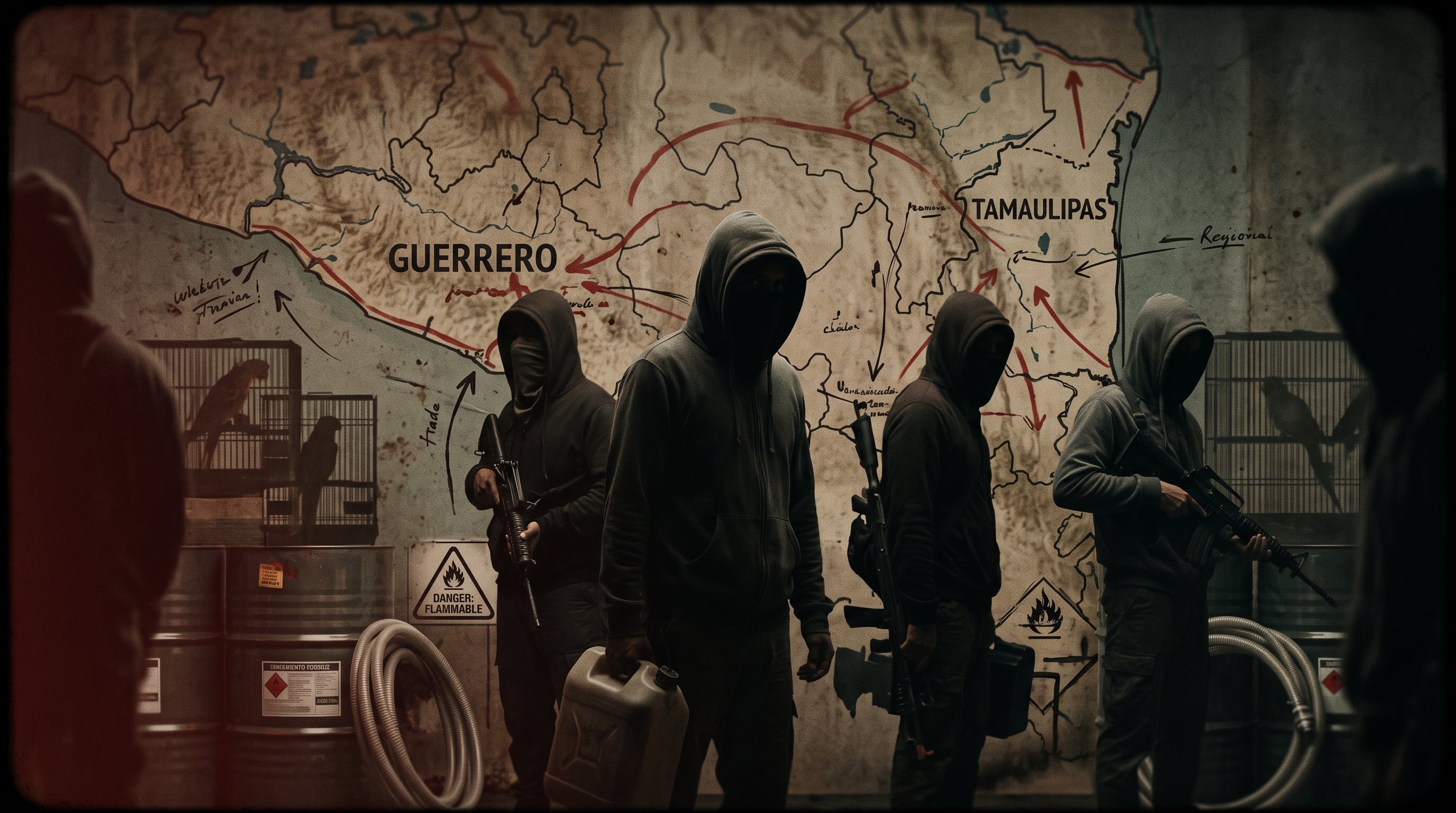 Integrantes del grupo criminal Los Rojos aparecen representados junto a un mapa de Guerrero y Tamaulipas, barriles de combustible y jaulas con aves. (Imagen Ilustrativa Infobae)
