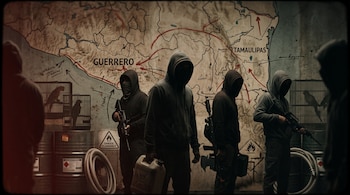 Hombres encapuchados con armas y contenedores de combustible delante de un mapa de Guerrero y Tamaulipas, con barriles y jaulas de aves.
