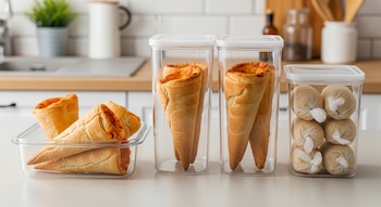 Conos de pizza horneados y dorados en recipientes transparentes: algunos listos para refrigerar y otros envueltos para congelar, sobre una encimera de cocina limpia.