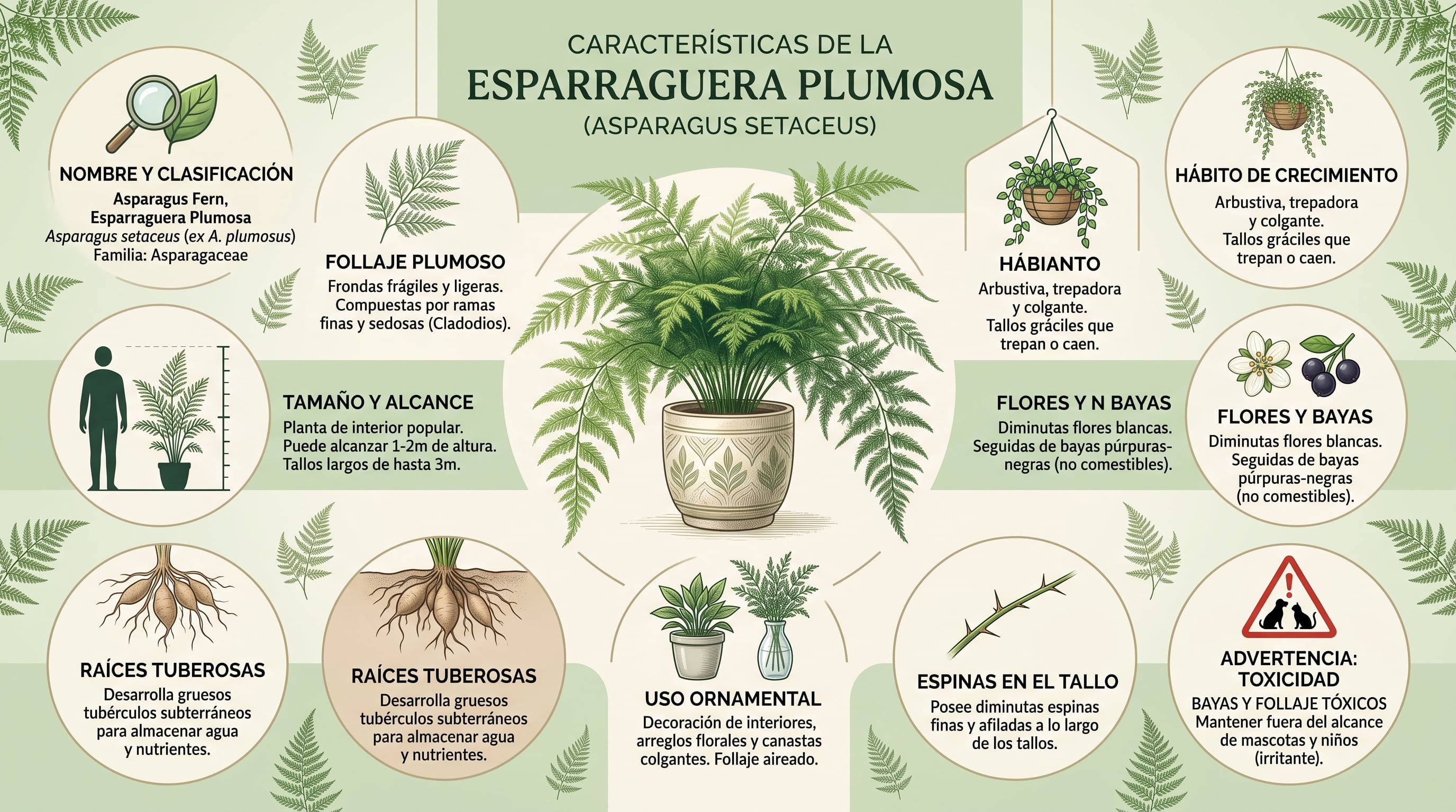 Infografía sobre las características y cuidados de la esparraguera plumosa. (Gemini)