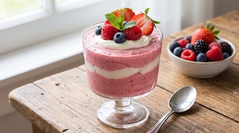 Vaso con mousse de frutos rojos y crema. El postre está coronado con fresas, frambuesas, arándanos y hojas de menta. Una cuchara y un cuenco con bayas están en la mesa.