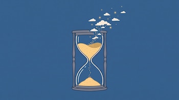 Ilustración de un reloj de arena sobre fondo azul, cuya arena superior se eleva formando nubes pequeñas y puntos brillantes.