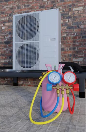 Una bomba de calor blanca con dos ventiladores está montada en una pared de ladrillo. Delante, hay un tanque rosa con manómetros y mangueras de colores