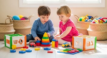 Dos niños pequeños sentados en el suelo juegan con juguetes didácticos, incluyendo cubos apilables, piezas de encastre, bloques y autos pequeños. Al fondo, cestas con juguetes.