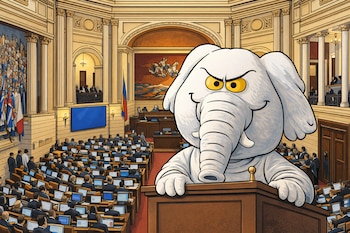Ilustración editorial de un elefante blanco con ojos amarillos en un podio, dentro del salón del Congreso de Colombia, con legisladores y banderas.