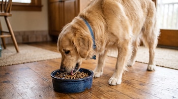 Un perro golden retriever con collar azul come alimento seco de un recipiente cerámico azul sobre un suelo de madera.