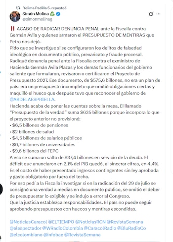 El congresista Simón Molina aseguró que hay inconsistencias en el presupuesto de 2027 presentado por el Gobierno Petro, las cuales deben ser investigadas - crédito @simonmolinag/X