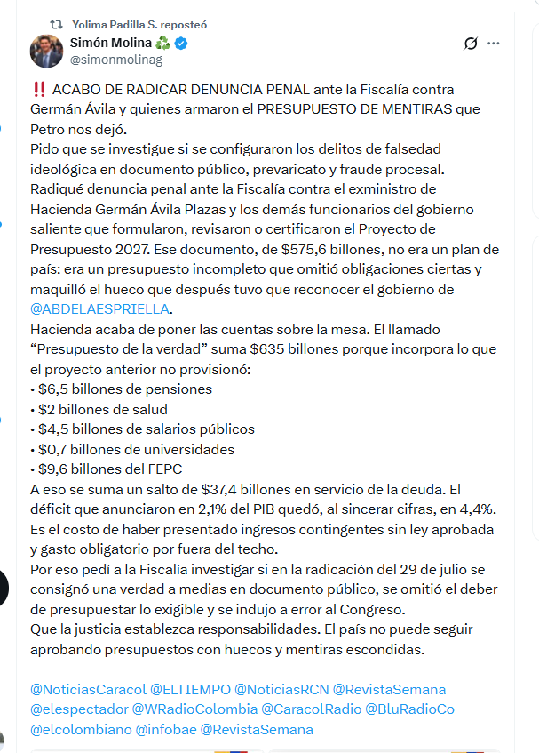 El congresista Simón Molina aseguró que hay inconsistencias en el presupuesto de 2027 presentado por el Gobierno Petro, las cuales deben ser investigadas - crédito @simonmolinag/X