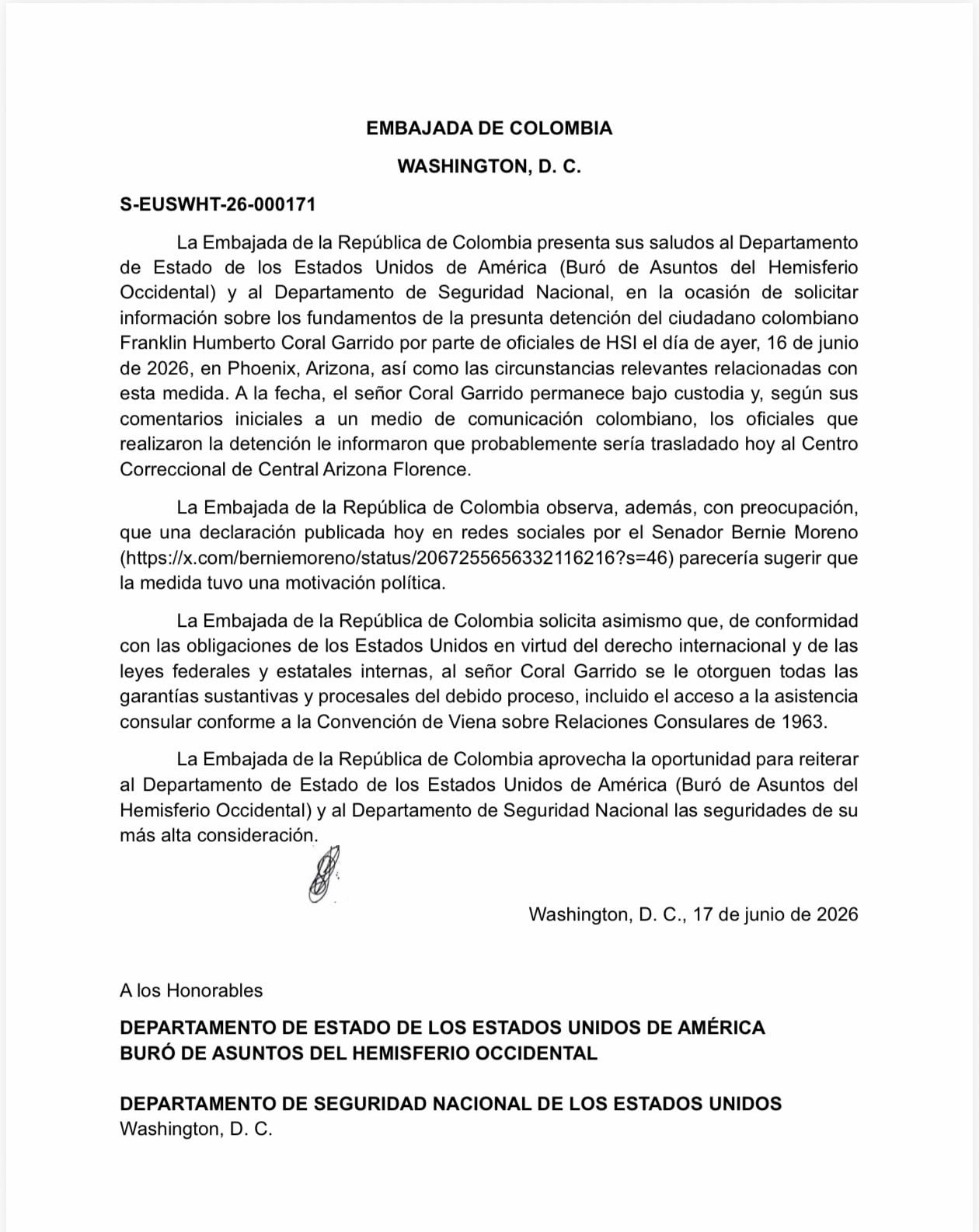 La Embajada de Colombia en Washington solicitó formalmente información detallada sobre los fundamentos y las circunstancias de la detención de Franklin Humberto Coral Garrido, conocido como Beto Coral - crédito Embajada de Colombia ante Estados Unidos