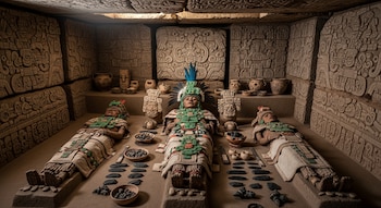 Tres estatuas con tocados y vestimentas yacen en un recinto de piedra tallada con relieves. Vasijas, cuencos y piedras planas se observan junto a ellas.