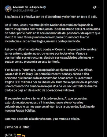 Abelardo de la Espriella celebró las capturas y aseguró que buscarán desmantelar las estructuras del ELN en Cesar - crédito @ABDELAESPRIELLA/X