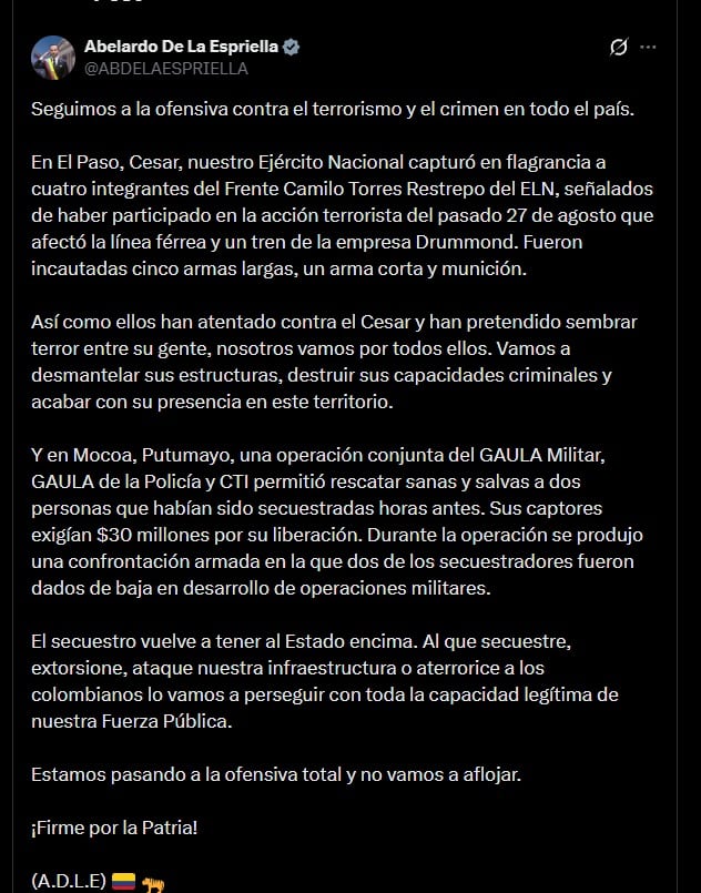 Abelardo de la Espriella celebró las capturas y aseguró que buscarán desmantelar las estructuras del ELN en Cesar - crédito @ABDELAESPRIELLA/X
