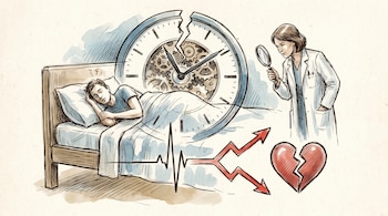 Ilustración de un hombre durmiendo en cama, un reloj de pared roto, una doctora con lupa, líneas de ECG con flechas rojas ascendentes y un corazón roto.