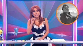 Una mujer con vestido negro habla en un estudio de televisión junto a una fotografía en blanco y negro dentro de un círculo naranja.