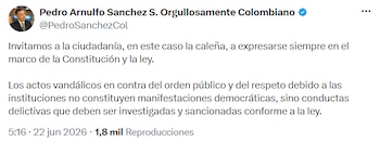 Ministro de Defensa rechaza actos de violencia y llama al respeto institucional - crédito @PedroSanchezCol/X