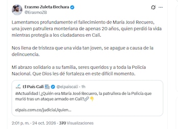El gobernador de Córdoba, Erasmo Zuleta Bechara, lamentó la muerte de la patrullera María José Recuero - crédito @ErasmoZB/X