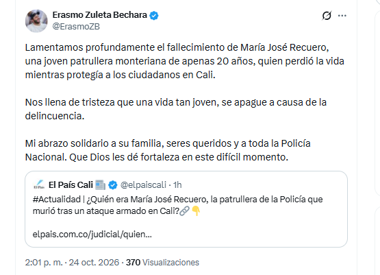 El gobernador de Córdoba, Erasmo Zuleta Bechara, lamentó la muerte de la patrullera María José Recuero - crédito @ErasmoZB/X