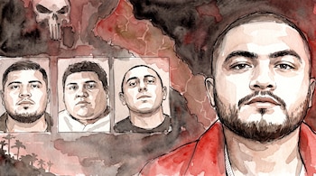 Dibujo en acuarela de un hombre barbudo en primer plano, con tres retratos de hombres en recuadros pequeños a la izquierda, una calavera y palmeras en el fondo.