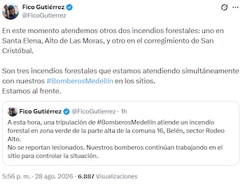 El alcalde confirmó que las autoridades atendían de forma simultánea incendios forestales en Santa Elena y en el corregimiento de San Cristóbal - crédito @FicoGutierrez/X