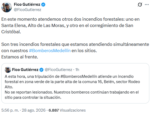 El alcalde confirmó que las autoridades atendían de forma simultánea incendios forestales en Santa Elena y en el corregimiento de San Cristóbal - crédito @FicoGutierrez/X