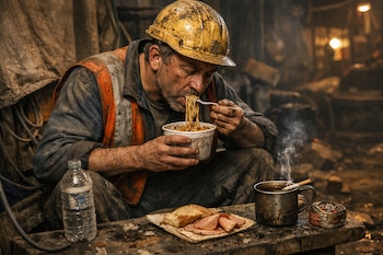 Un trabajador con casco y ropa sucia come fideos con un tenedor. Hay una botella de agua, pan con fiambre, una taza de café, un cigarrillo y una lata.