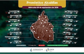 Mapa de la Ciudad de México con divisiones por alcaldías, temperaturas máximas y mínimas e íconos de lluvia con actividad eléctrica