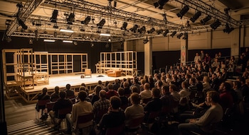 Público sentado en un auditorio oscuro observa un escenario con estructuras de madera, un sillón, una silla y luces de teatro.
