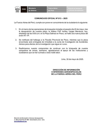 Comunicado de la Fuerza Aérea