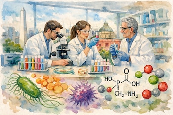 Pintura en acuarela de tres científicos en un laboratorio moderno con vista a Buenos Aires, analizando muestras. En primer plano hay bacterias, moléculas de glifosato y un microscopio.