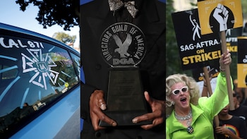 Ventana de vehículo con el logotipo de IATSE, trofeo del DGA sostenido con las manos y manifestante con pancarta de SAG-AFTRA