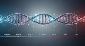 Ilustración de una cadena de ADN azul y roja brillante sobre una línea de tiempo horizontal con las etapas: Nacimiento, Infancia, Adolescencia, Adultez y Vejez.