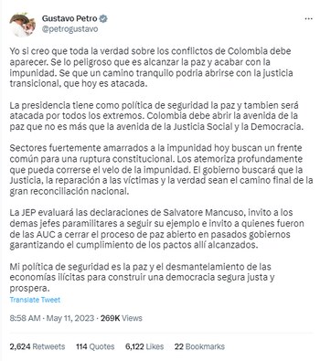 Mensaje de Gustavo Petro a