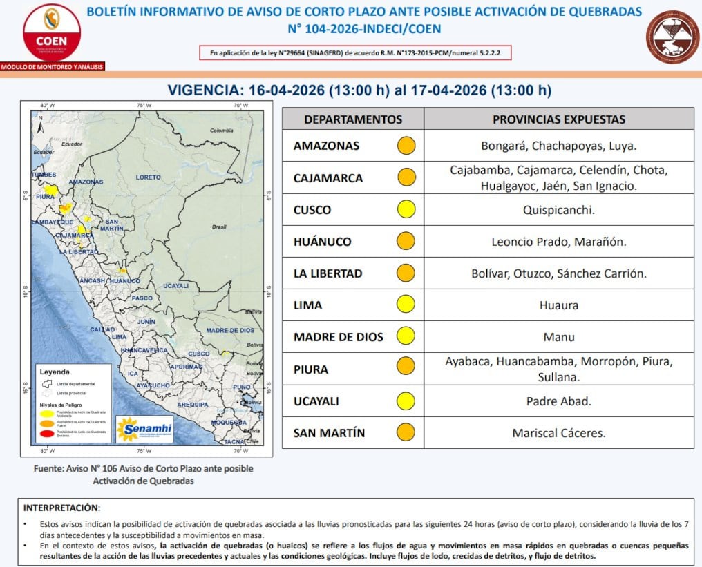 El Centro de Operaciones de Emergencia Nacional (COEN) y Senamhi emiten alerta naranja por la potencial activación de quebradas y huaicos en la sierra y selva peruana del 16 al 17 de abril de 2026. (Foto: X / COEN)