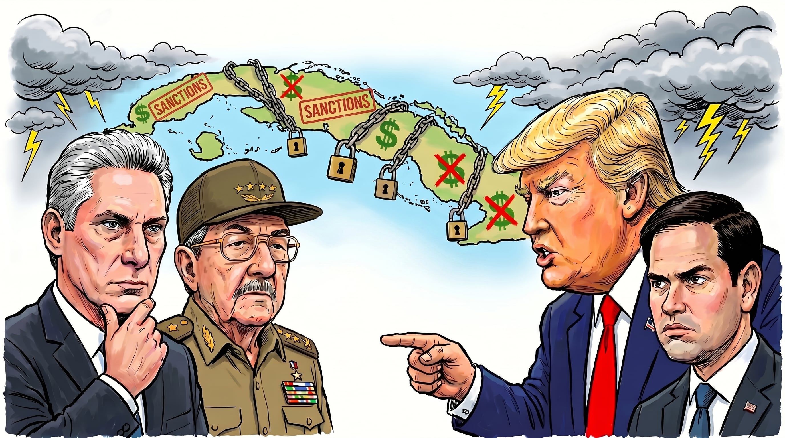 Miguel Díaz-Canel y Raúl Castro observan mientras Donald Trump y Marco Rubio señalan a Cuba, representada con cadenas, candados y símbolos de sanciones económicas. (Imagen Ilustrativa Infobae)