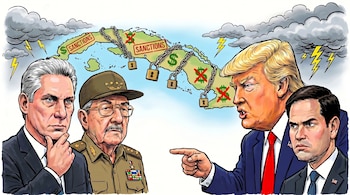 Cuatro hombres, dos con trajes oscuros y dos con uniforme militar, frente a un mapa de Cuba con cadenas, candados y símbolos de dólar tachados.