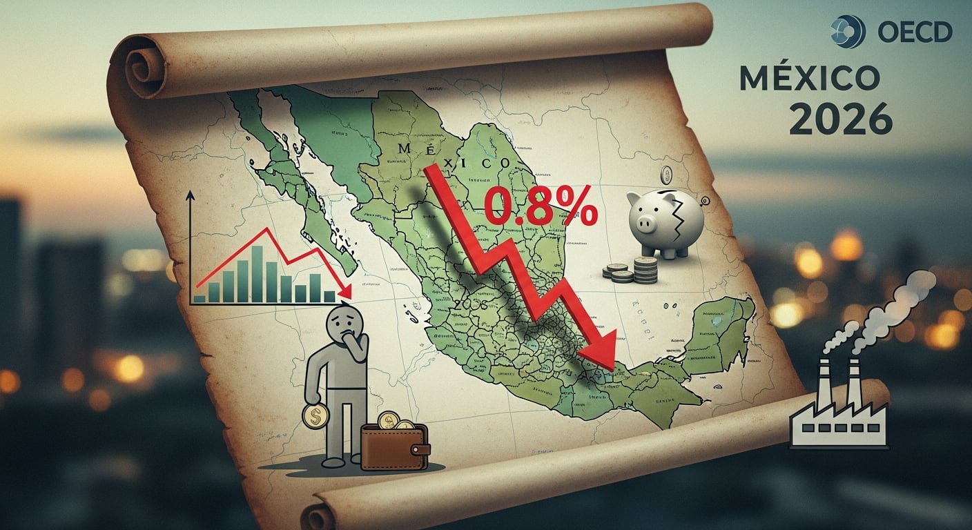 La OCDE proyecta un crecimiento económico de solo 0.8% para México en 2026, ilustrado por un mapa del país con indicadores de desaceleración y menor inversión. (Imagen Ilustrativa Infobae)