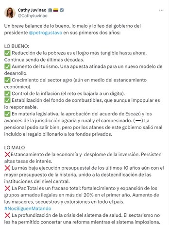 La congresista de Alianza Verde señaló que el Gobierno le quedan dos años para corregir el rumbo - crédito @CathyJuvinao/X