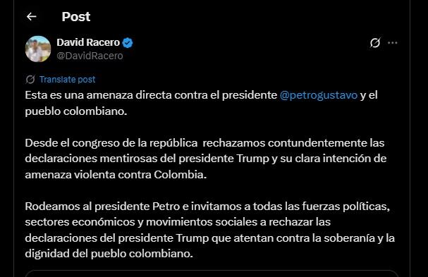 David Racero defendió a Gustavo Petro en su cuenta de X - crédito @DavidRacero