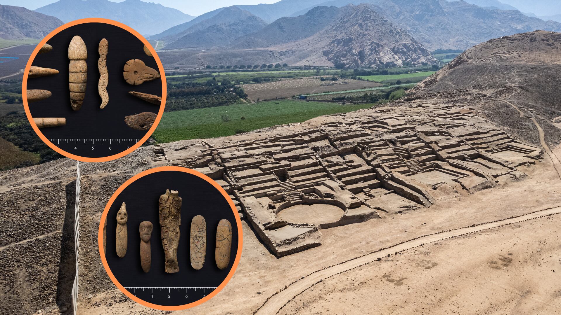 El Ministerio de Cultura anunció el hallazgo de una ofrenda ritual de aproximadamente 3.800 años en el sitio arqueológico de Peñico, en Huaura. Composición: Infobae / Zona Arqueológica Caral – Ministerio de Cultura.