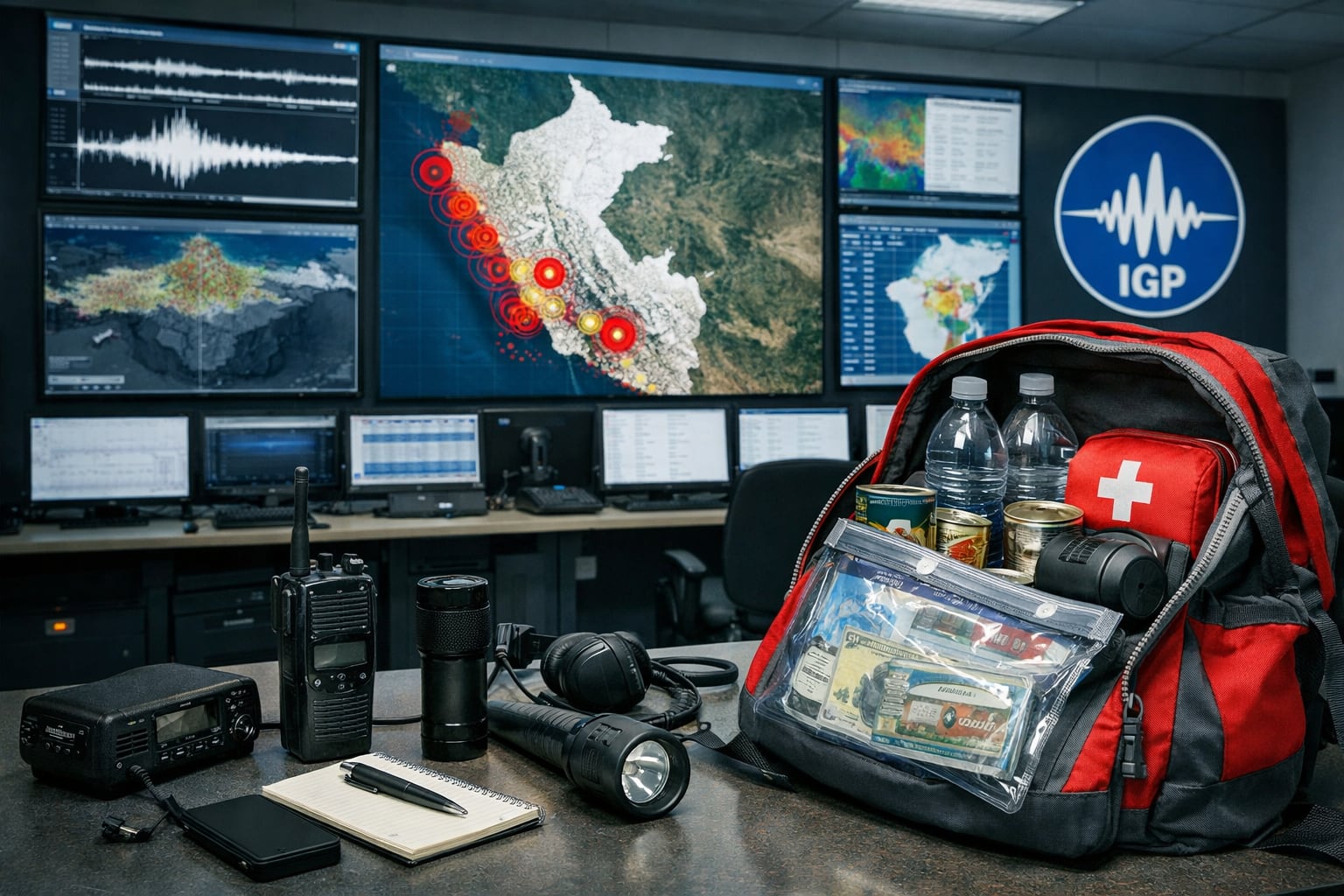 El centro de monitoreo sísmico del Instituto Geofísico del Perú (IGP) en Perú exhibe pantallas con mapas de actividad sísmica y un equipo de supervivencia listo para emergencias. (Imagen Ilustrativa Infobae)