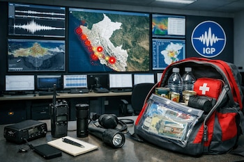 Mesa con radio, linterna y mochila de emergencia con agua, alimentos enlatados, botiquín y documentos. Fondo con monitores que muestran mapas y gráficos sísmicos, logo IGP.