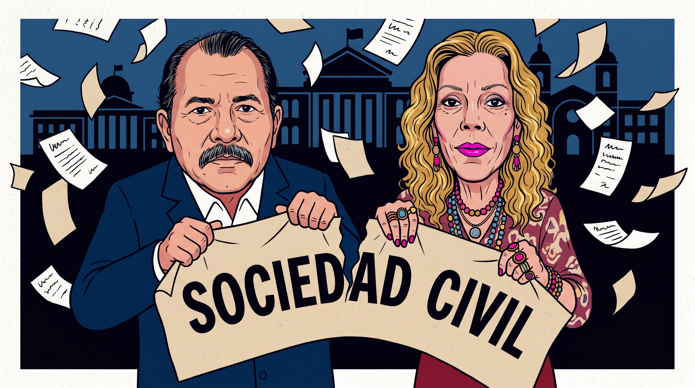 Caricatura política de Daniel Ortega y Rosario Murillo rompiendo una pancarta con la inscripción